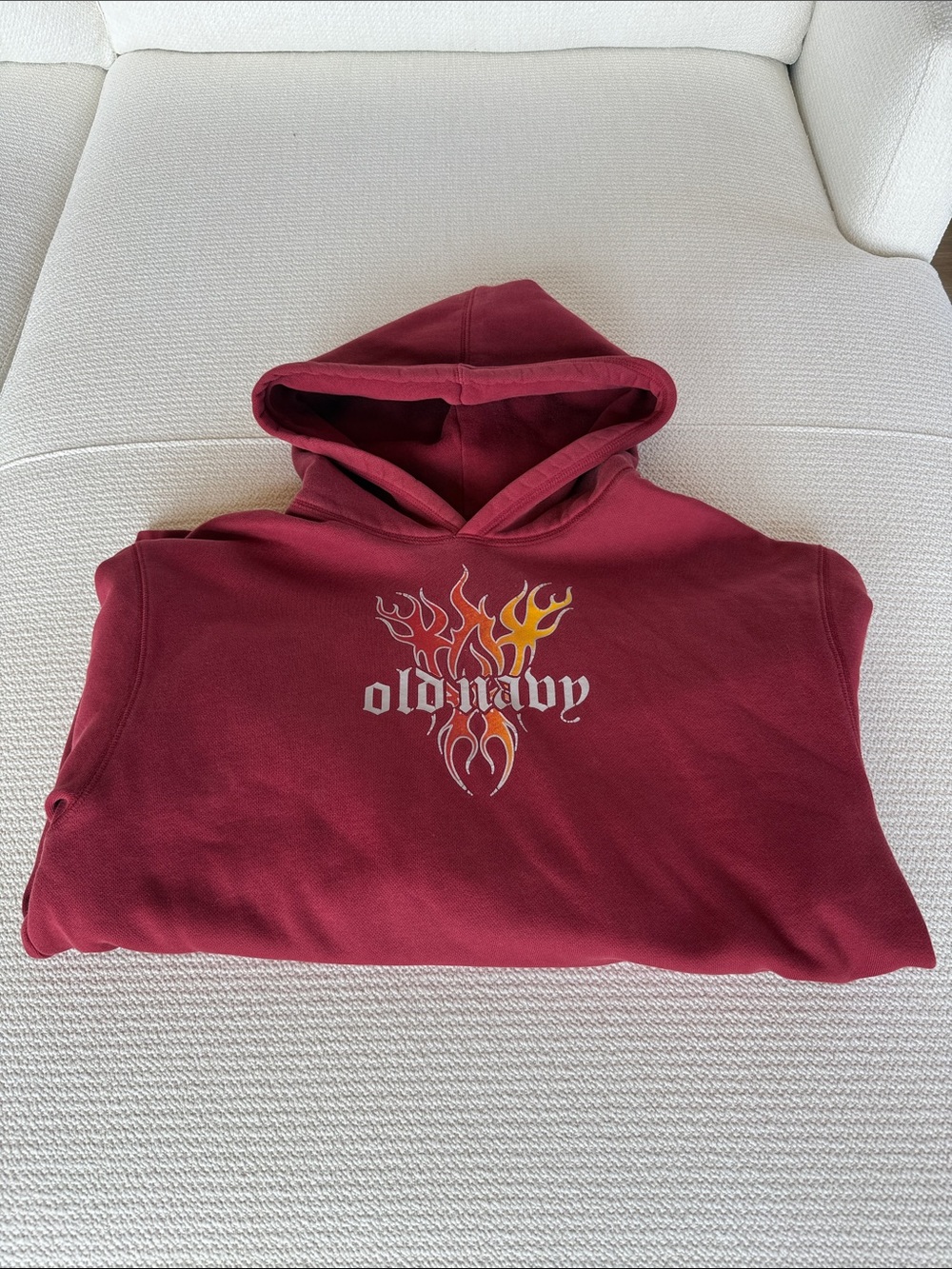Old Navy Men's Maroon Hoodie with Flame Graphic